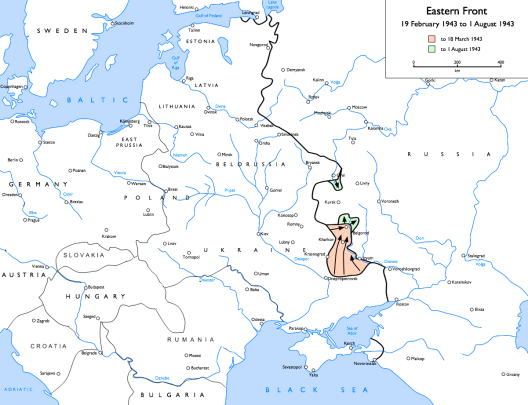 Frontul de Est în 1943, cu ofensiva din primăvară a lui Manstein şi rezultatul Operaţiunii Citadela din iulie